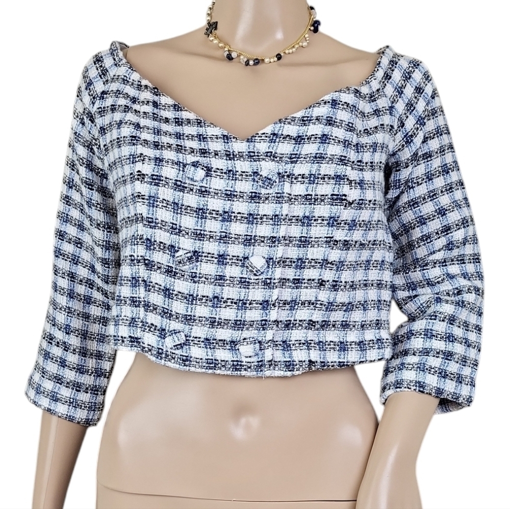 Zara Blue Black White Tweed Off Shoulder Long Sleeve Faux Button Crop Top